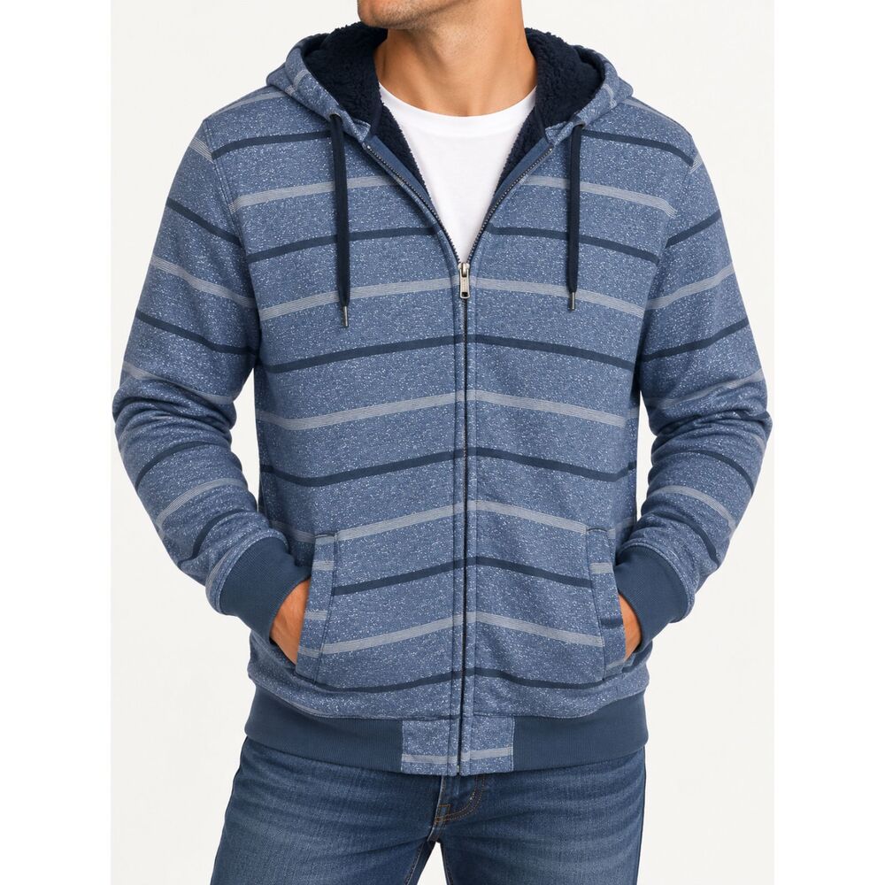 CHALC Mens Large Sherpa Lined Hoodie Blue Striped Full Zip Y2K Grunge